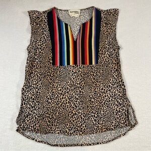 Savanna Jane Leopard Print Top with Embroidered Multicolor Stripes